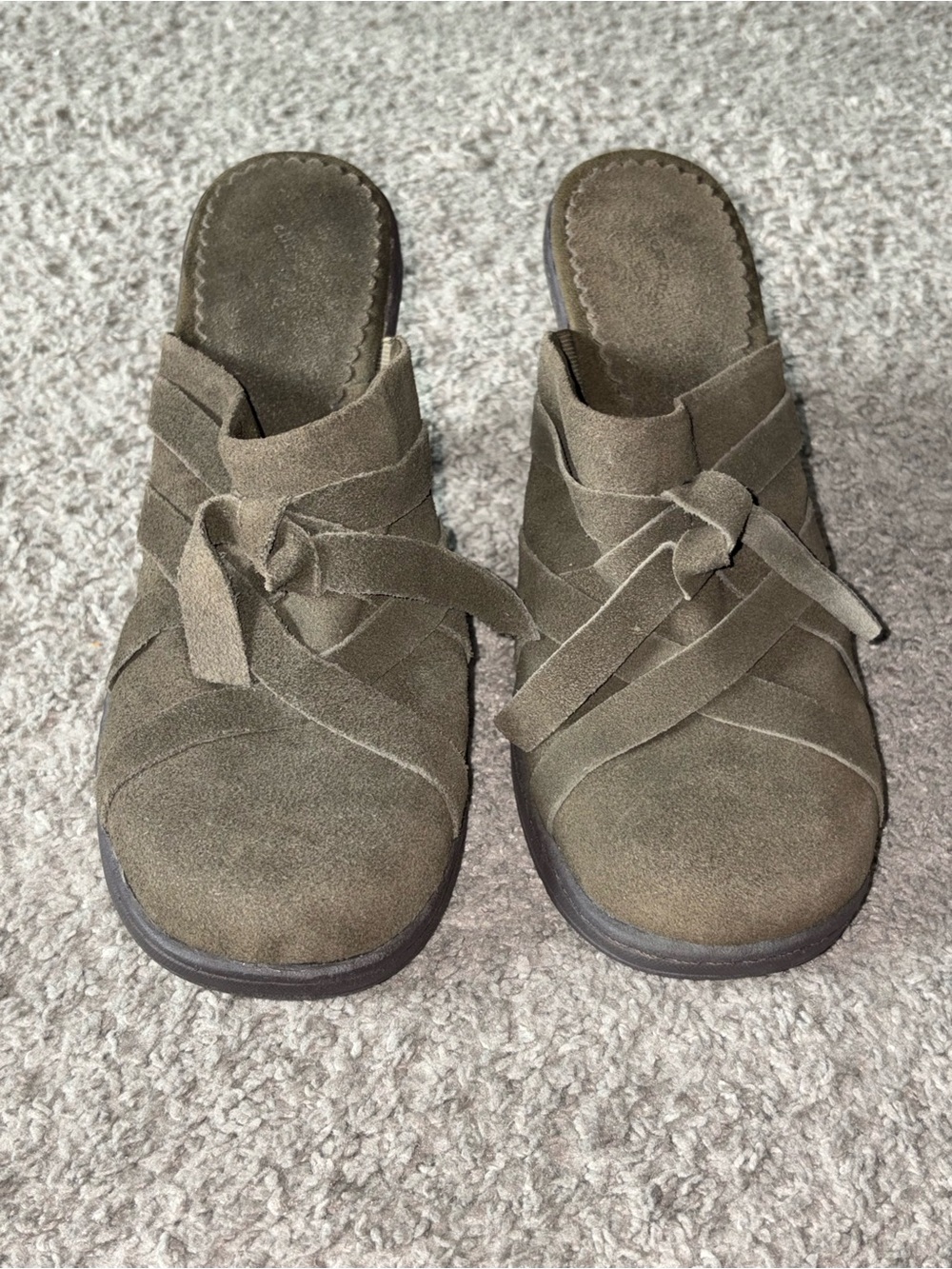 VTG Ellemenno Strippy Y2K Olive Suede Mule Heels Women’s‎ Size 10M 2000’s Grunge - Picture 3 of 11
